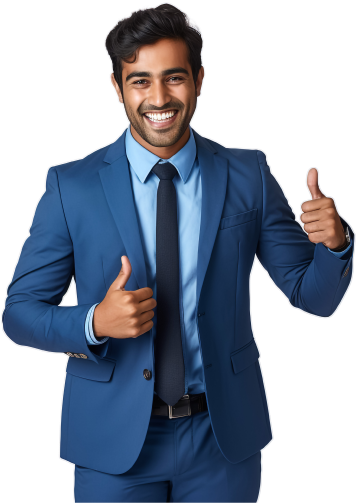 Smiling business person in a blue suit giving thumbs up